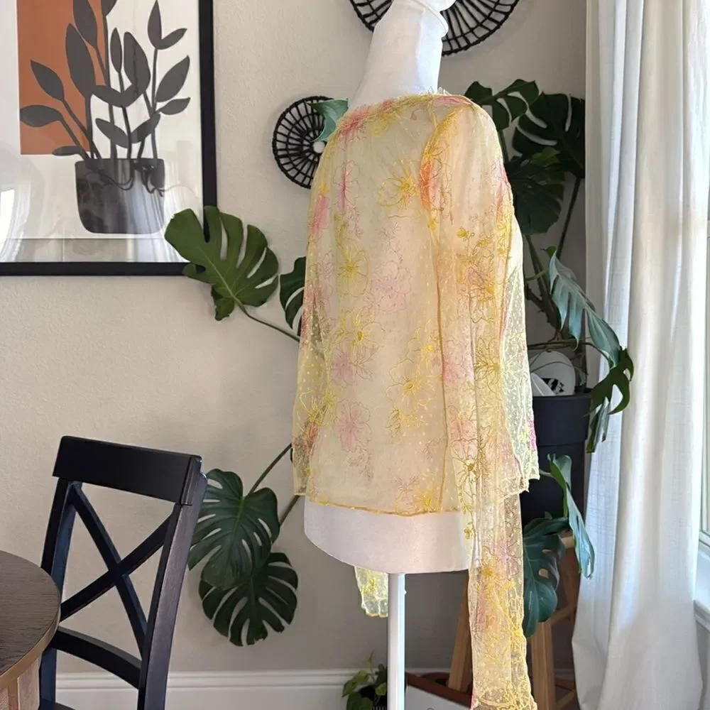 NWOT Free People Postcard from Paris Long Sleeve Lace Yellow Sheer M Embroidered